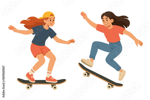 Two young women skateboarding together with glowing effects