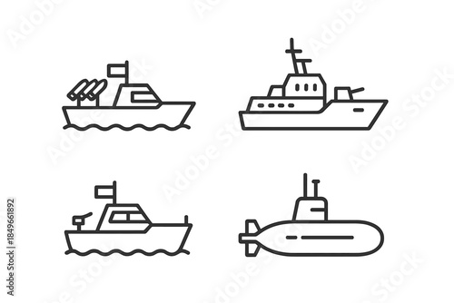 Set of line art naval vessels on a dark gradient background