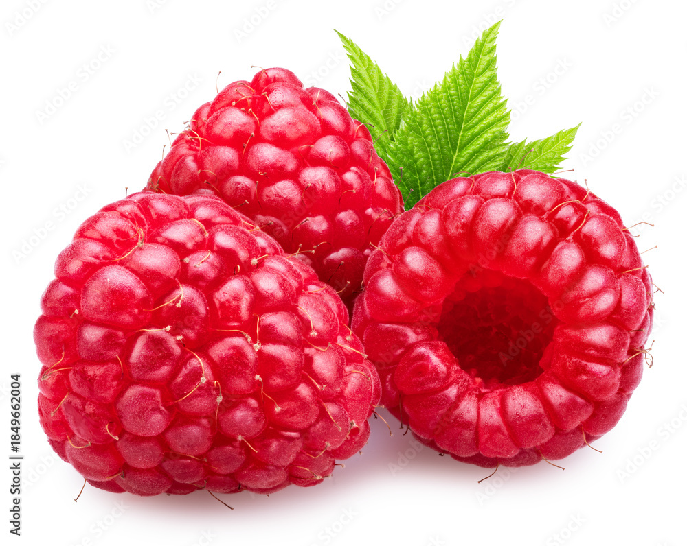 Naklejka premium Three raspberries with raspberry leaves isolated on a white background. Maximum detail and sharpness across the entire frame.