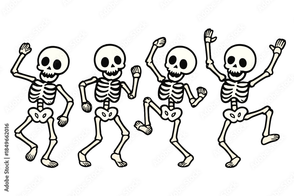 Naklejka premium Four Dancing Skeletons on a Gradient Background