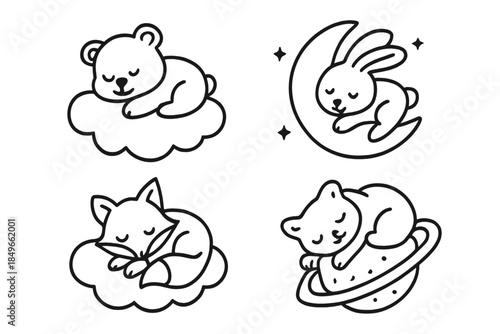 Cute sleeping animals in celestial settings