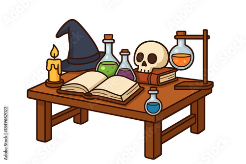Witch's Table with Potion Ingredients and Spellbook