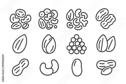 Assortment of nuts and seeds, outline icons on dark background