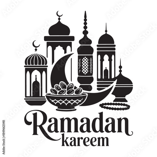 Print Festive ramadan kareem design featuring crescent moon, lanterns, and dates