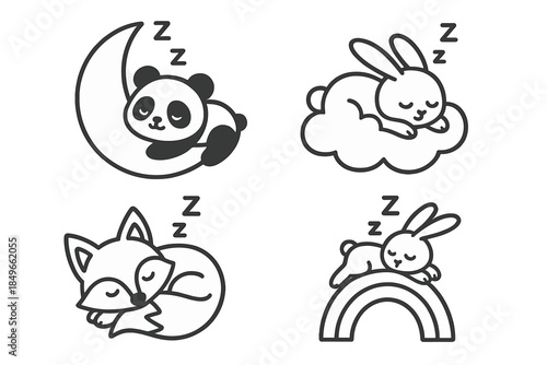 Four cute sleeping animals on a black and white background