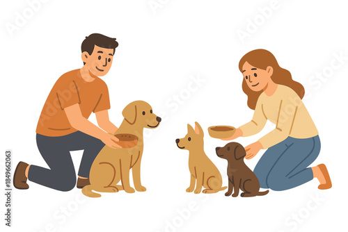 Couple feeding dogs outdoors