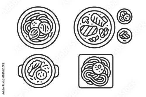 Set of four flat food icons with noodles and soup