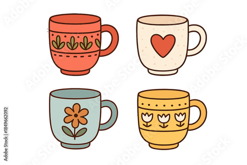 Four retro-style mugs with cute drawings
