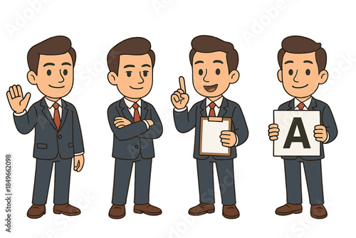 Four cartoon businessmen in suits with different poses