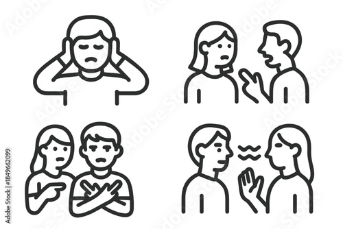 Set of stylized line icons depicting conflict and communication issues