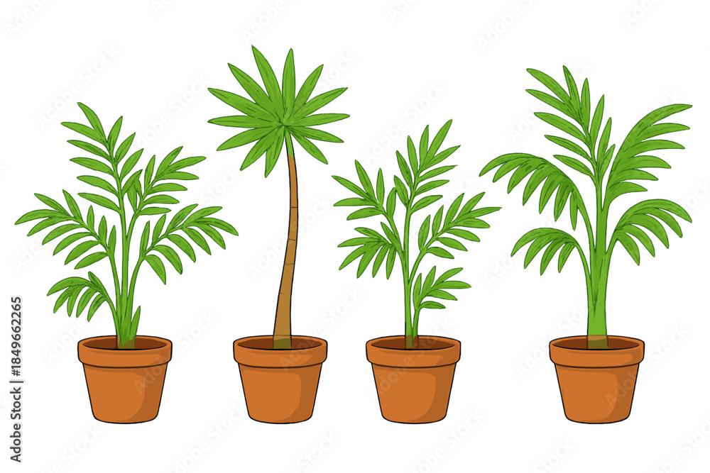 Fototapeta premium Four Potted Palm Plants with Glowing Leaves