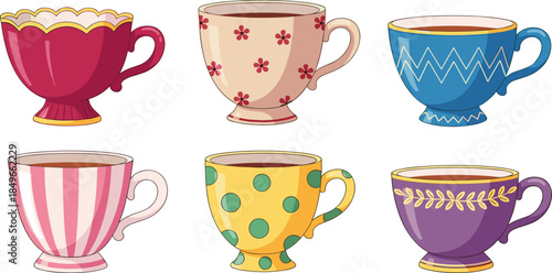 Cute cartoon teacup illustration set, colorful coffee cup collection, decorative mug designs, tea cups vector art, isolated white background elementsCute 