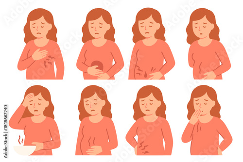 Eight images of a woman experiencing different discomforts and ailments.