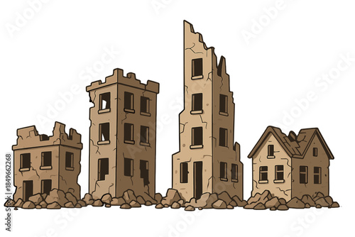 Cartoon illustration of destroyed buildings and rubble