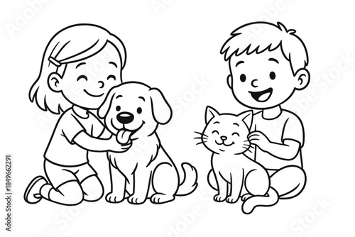 Children petting pets, a girl with a dog and a boy with a cat