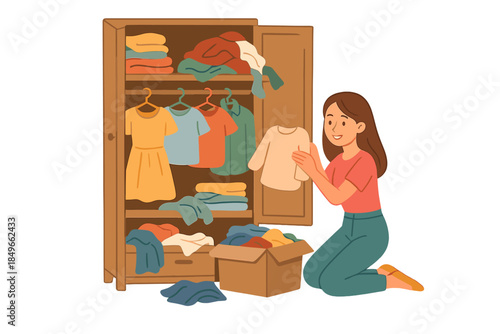 Woman organizing clothes in a closet and a donation box