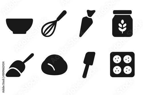 Dessert Prep Icons. Dessert prep icons. Filled icon set of dessert prep icons: mixing bowl, whisk, piping bag,
