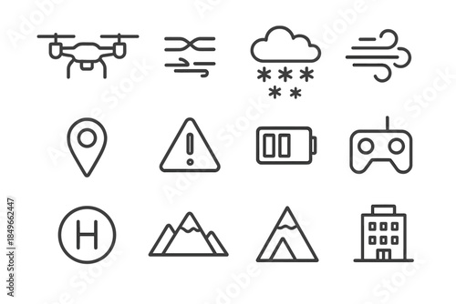 Drone Operation Icons. Snowstorm drone operation. Line outline icon set of Snowstorm drone operation: drone,