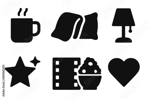Cozy Night Icons. Cozy night icons. Filled icon set of cozy night icons: warm mug, blanket curve, pillow shape