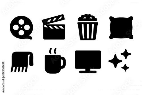 Winter Movie Night Icons. Winter movie night. Filled icon set of winter movie night: film reel, clapperboard,