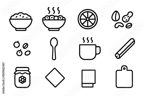 Winter Breakfast Icons. Winter breakfast bowls. Line outline icon set of Winter breakfast bowls: oatmeal bowl,