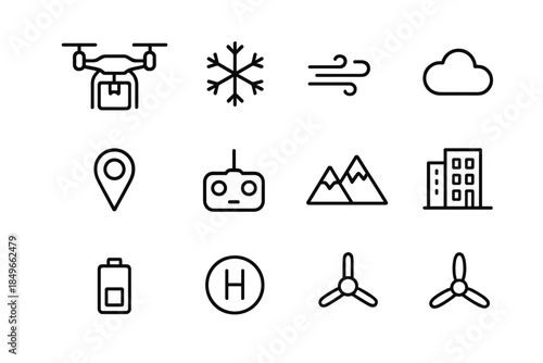 Winter Courier Icons. Winter aerial courier. Line outline icon set of Winter aerial courier: drone, parcel,