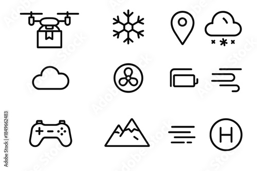 Winter Drone Icons. Winter parcel drones. Line outline icon set of Winter parcel drones: drone, package,