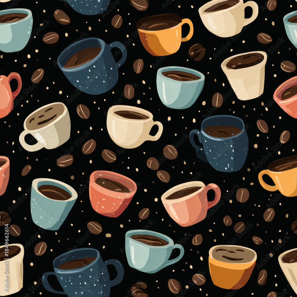 Obraz premium Colorful Coffee Cups and Beans Seamless Pattern on Black Background 