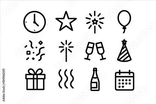 Midnight Party Icons. Midnight party scene. Line outline icon set of Midnight party scene: clock, star,