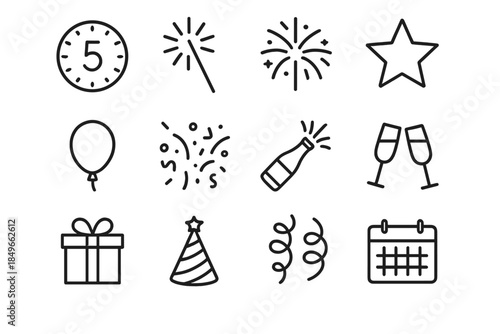 Final Seconds Icons. Final seconds celebration. Line outline icon set of Final seconds celebration: countdown