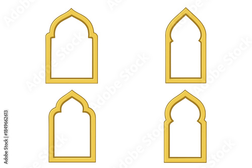 Four glowing Islamic archways on a dark background