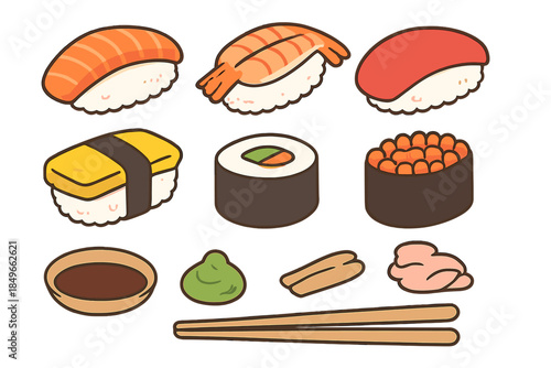 Cute Sushi Set with Chopsticks and Condiments