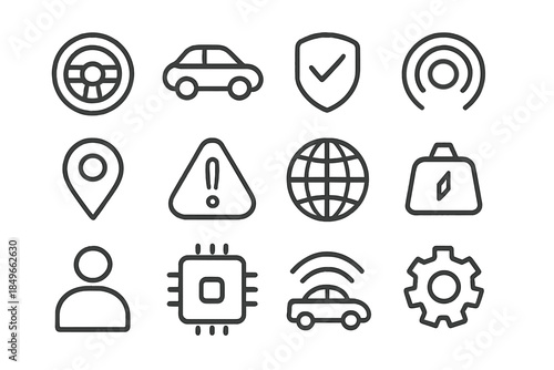 Set of dark grey UI icons for car technology and services