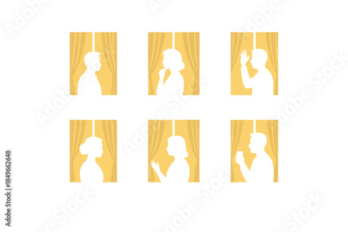 Silhouettes of people in illuminated windows