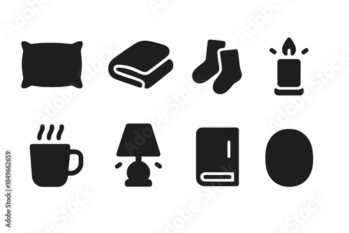 Cozy Bedroom Icons. Cozy bedroom flat-lay. Filled icon set of cozy bedroom flat-lay: pillow, blanket, socks,
