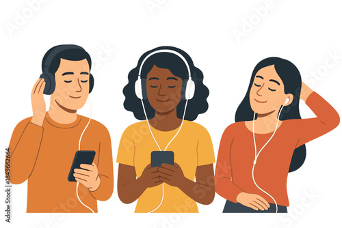 Three diverse people enjoying music with headphones and smartphones