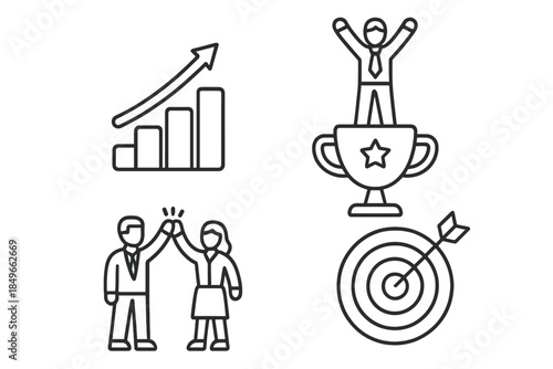Business success icons on gray background