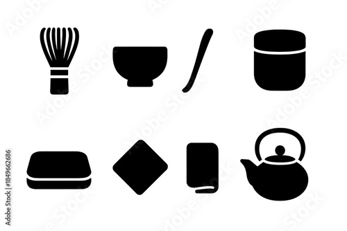 Tea Ceremony Tools. Tea ceremony tools. Filled icon set of tea ceremony tools: bamboo whisk, tea bowl, tea
