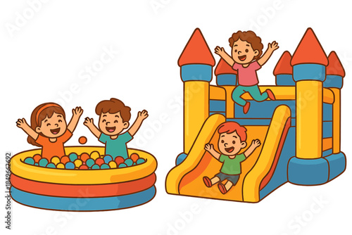 Joyful kids playing in a ball pit and on a bouncy castle