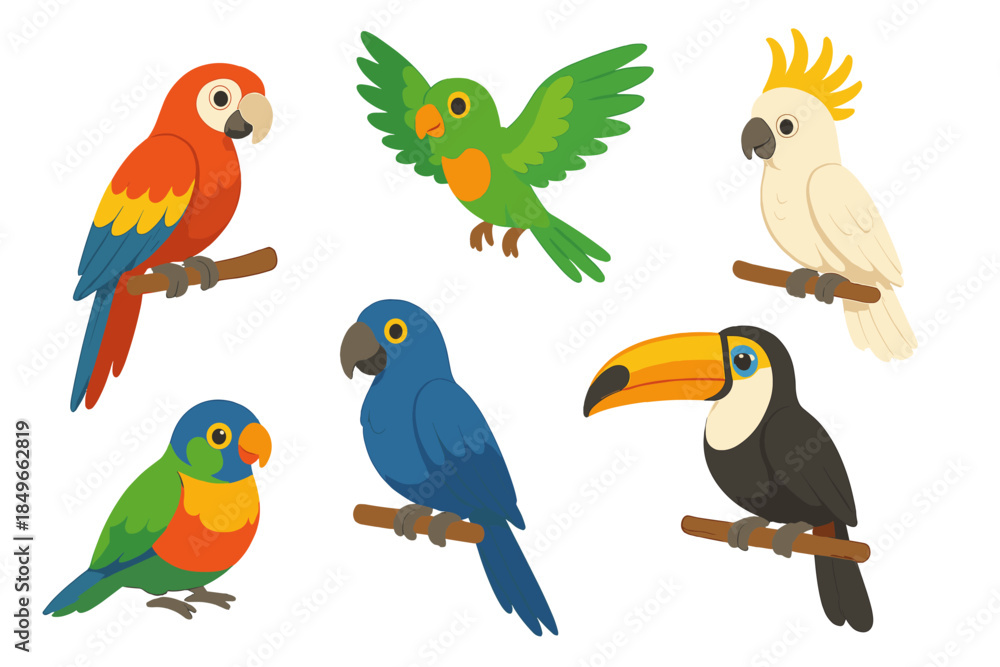Obraz premium Colorful Cartoon Birds on Branches