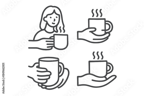 Set of four line art icons of hands holding cups of hot drinks