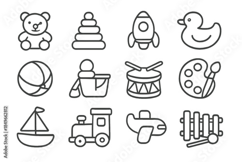 Set of 12 outline icons of children's toys on a grey background