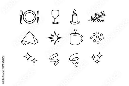 Festive Table Icons. Holiday plate setting. Line outline icon set of Holiday plate setting: plate, fork, knife