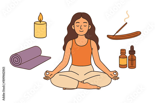 Woman meditating with yoga mat, candle, incense, and essential oils