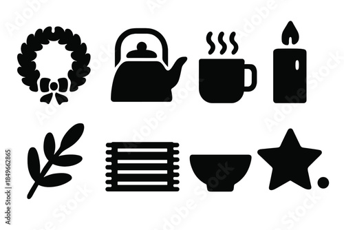 Holiday Kitchen Icons. Holiday home kitchen. Filled icon set of holiday home kitchen: wreath shape, kettle,