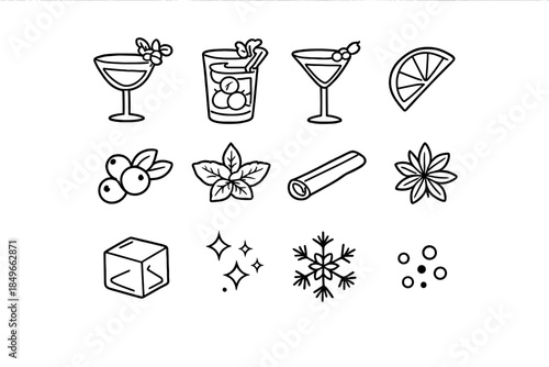 Winter Cocktail Icons. Winter cocktails with garnish. Line outline icon set of Winter cocktails with garnish:
