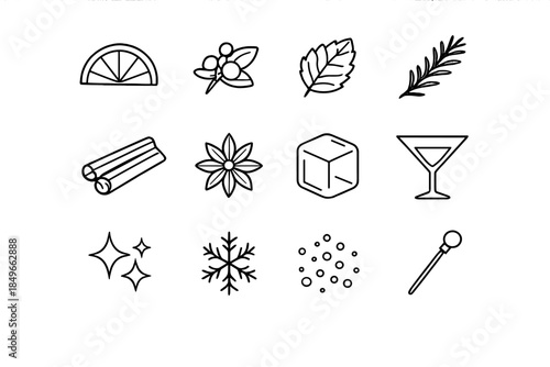 Festive Drink Icons. Festive drink garnishes. Line outline icon set of Festive drink garnishes: citrus slice,