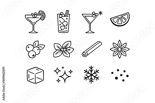 Winter Cocktail Icons. Winter cocktails with garnish. Line outline icon set of Winter cocktails with garnish: