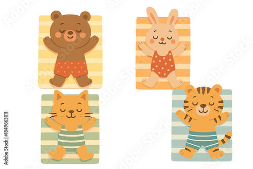 Four cartoon animals relaxing on striped towels