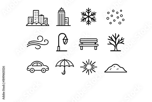 City Winter Icons. City winter blizzard. Line outline icon set of City winter blizzard: building silhouettes,